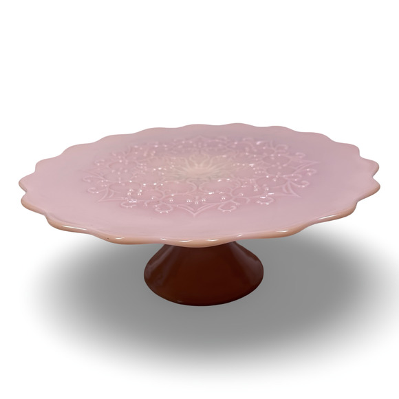 Vintage Fenton Pink Milk Glass Spanish Lace Pedestal Cake Stand Plate Scalloped - Picture 1 of 9